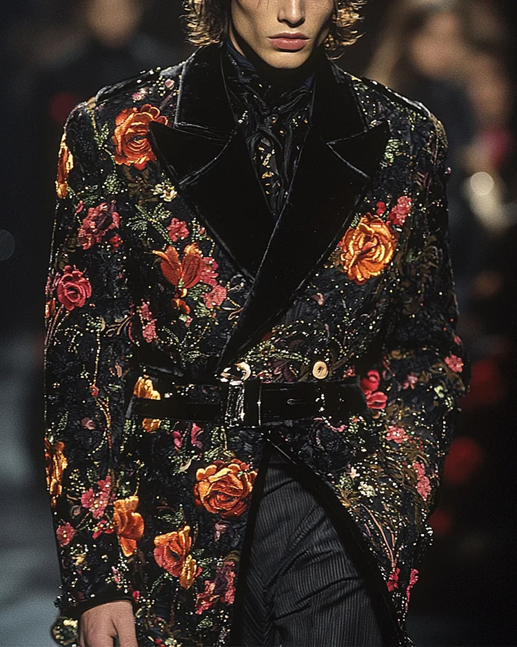 Men’s Black Vintage Embroidered Sequined Floral Long Sleeve Blazer
