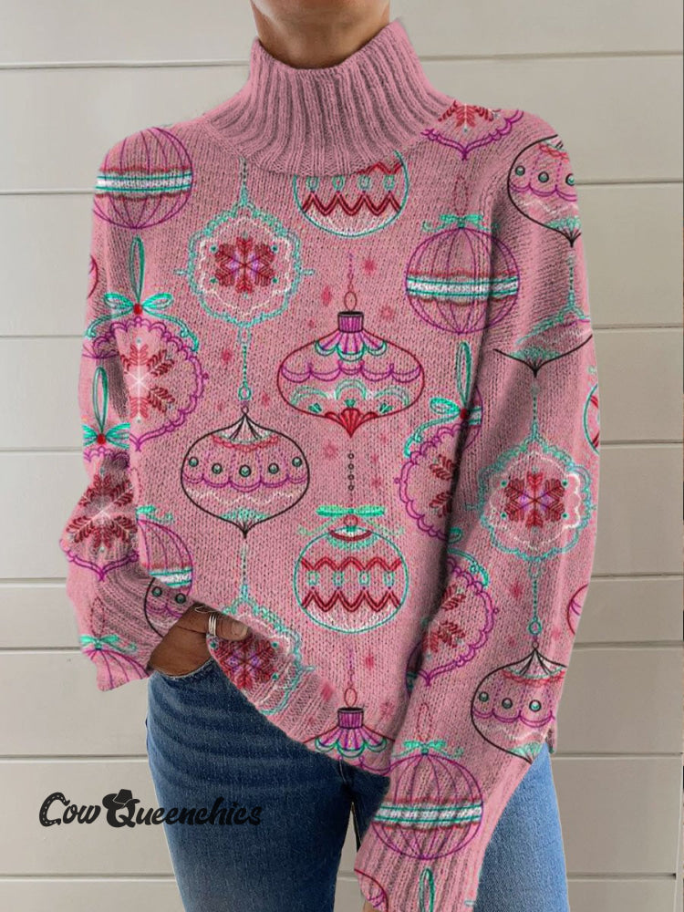 Pink Vintage Christmas Decoration Art Print Knit Turtleneck Pullover Sweater Multicolor / S