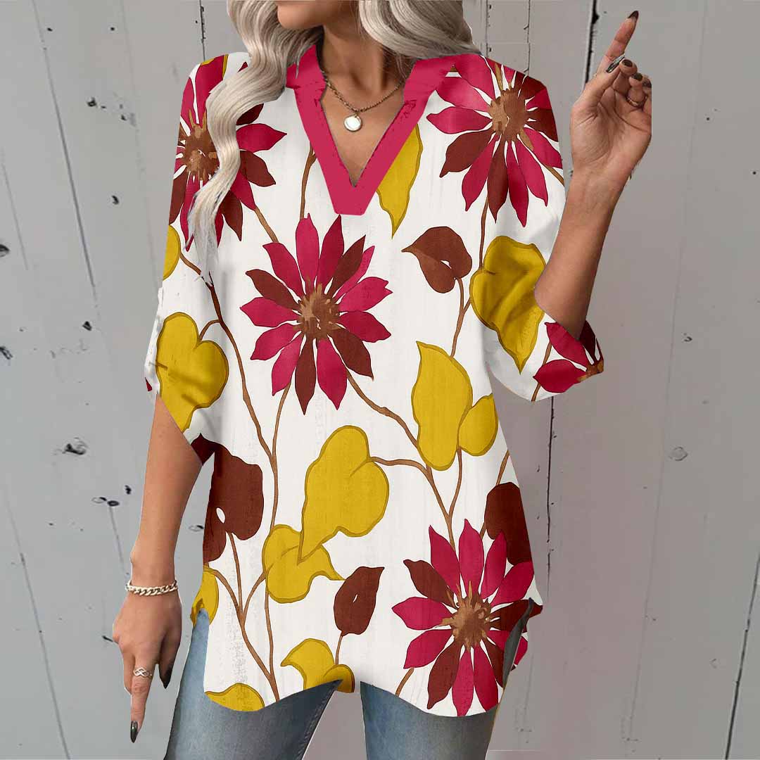 Women Leaves, Yellow, Red DZGA0174 3/4 Sleeve V-neck Printed Graphic Button Tops