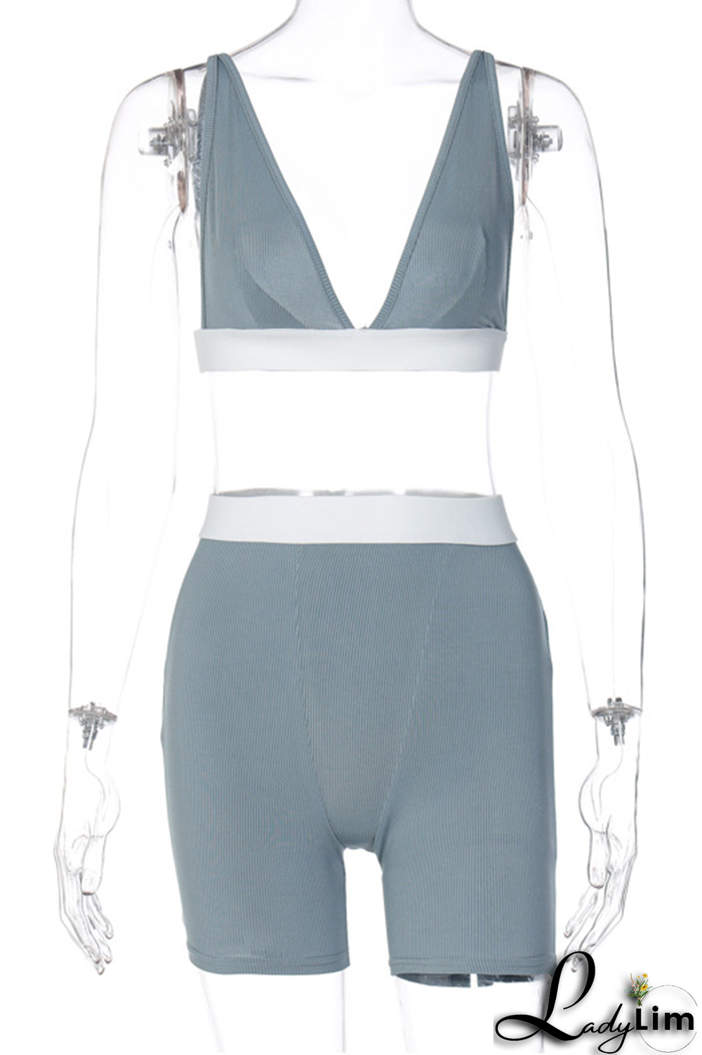 Grey Sexy Solid Split Joint V Neck Sleeveless Two Pieces