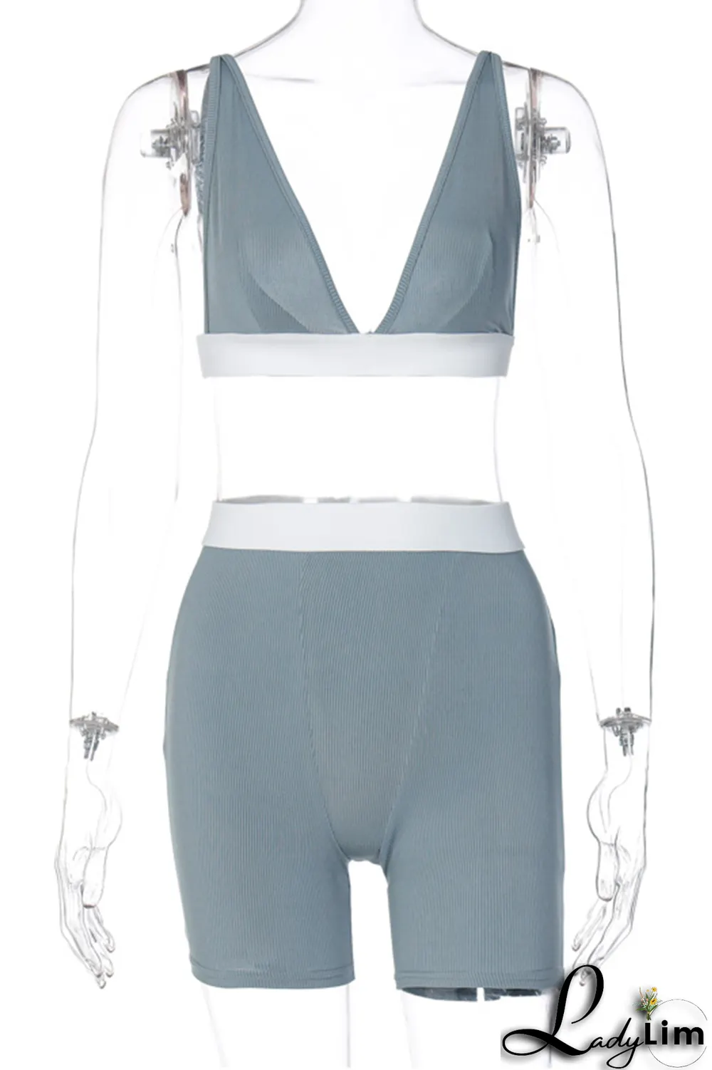 Grey Sexy Solid Split Joint V Neck Sleeveless Two Pieces