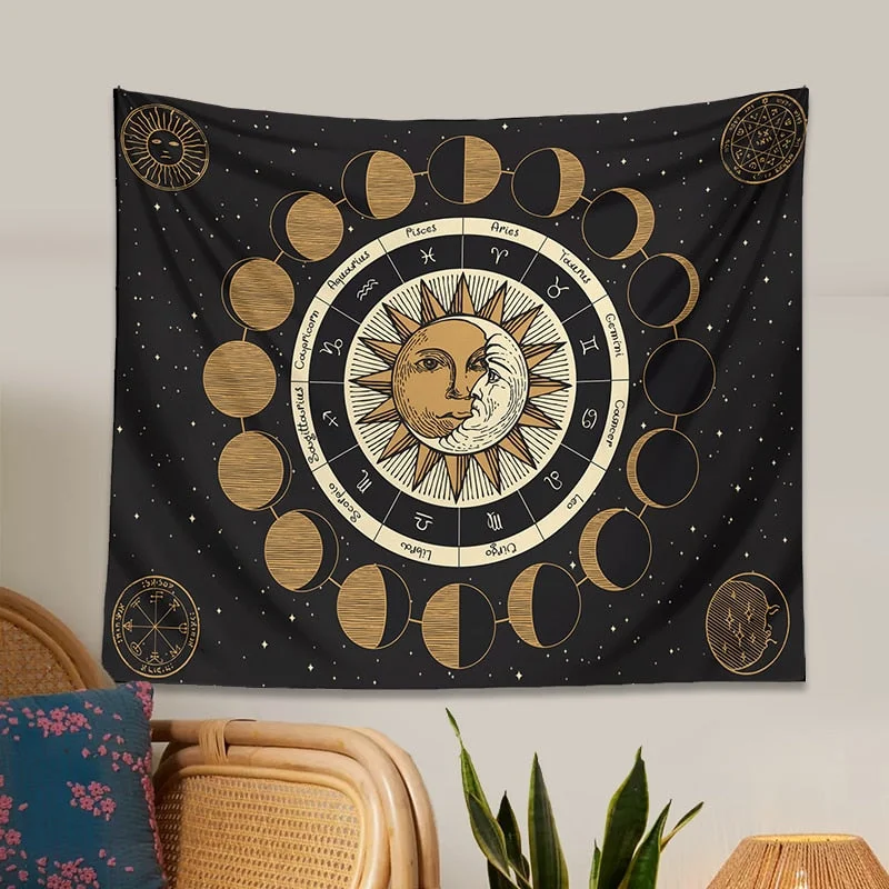 Tarot Moon Phase Tapestry Wall Hanging Wheel of the Zodiac Astrology Chart Sun and Moon Starry Sky divination Home Decor