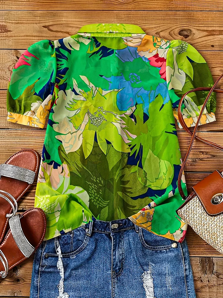 Women's Tropical Floral & Leaf Print Collar Button-Up Shirt - Short Sleeve Summer Blouse With Vibrant Colors, Machine Washable Regular Fit Casual Top For Beach Outings & Casual Gatherings, Nontransparent Fabric