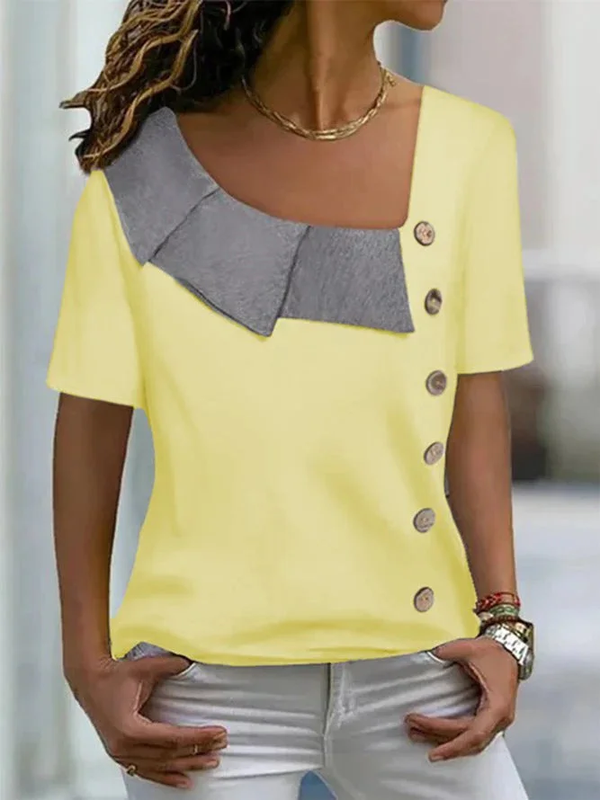 Casual Patchwork Button Short Sleeve Top