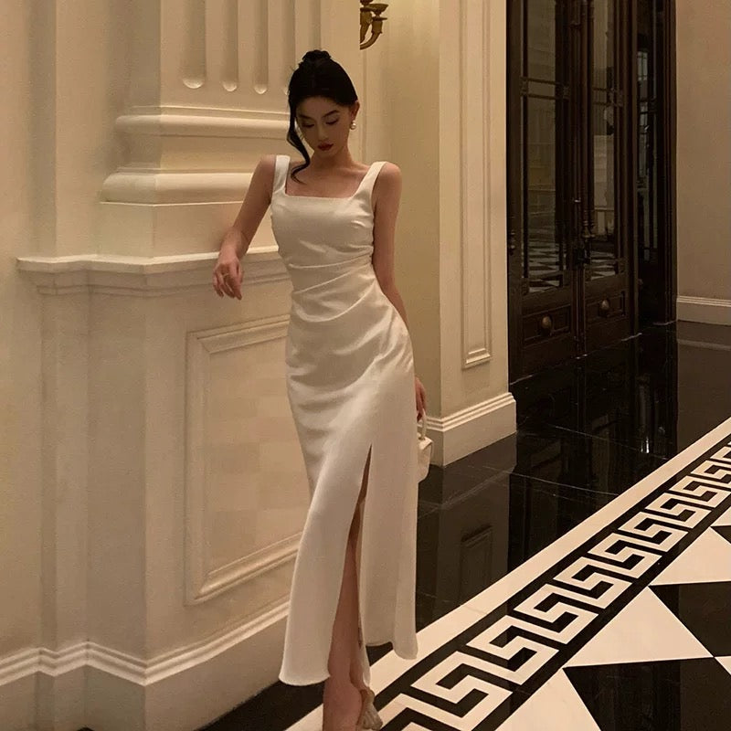 Aiertu - Sexy Sheath Straps White Slit Prom Dresses Birthday Outfits Evening Gown Party Dress HOT988 Aiertu