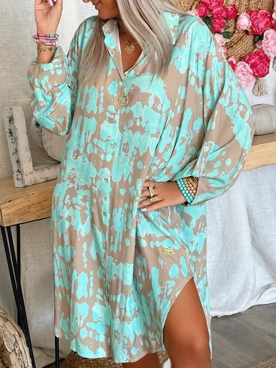 Ladies Casual Loose Printed Long Sleeve Shirt Dress-0929-05