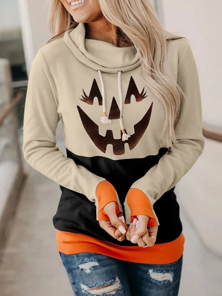 Pile neck  pumpkin printed hoodie top
