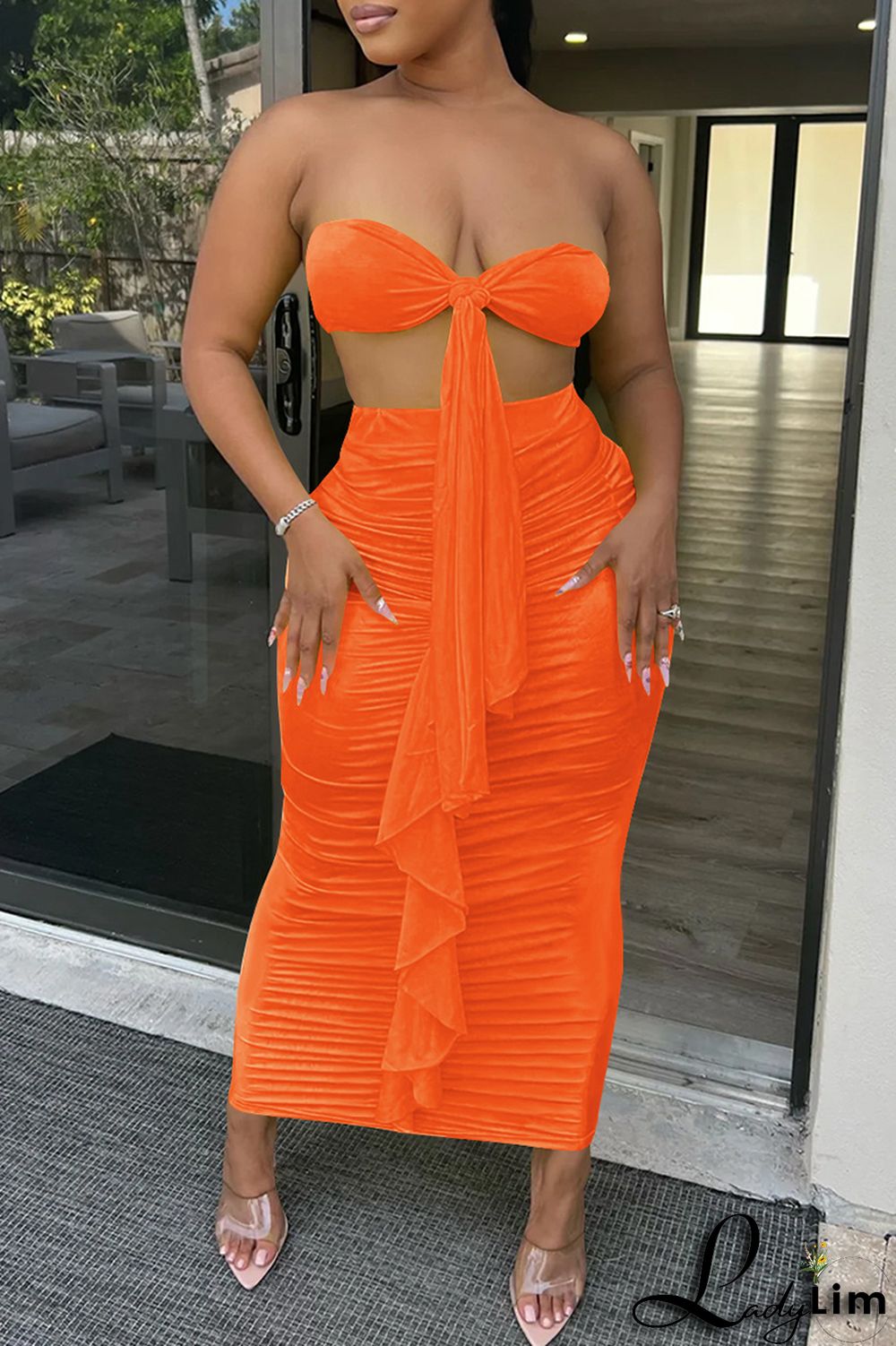 Yellow Fashion Sexy Solid Patchwork Backless Fold Strapless Sleeveless Two Pieces