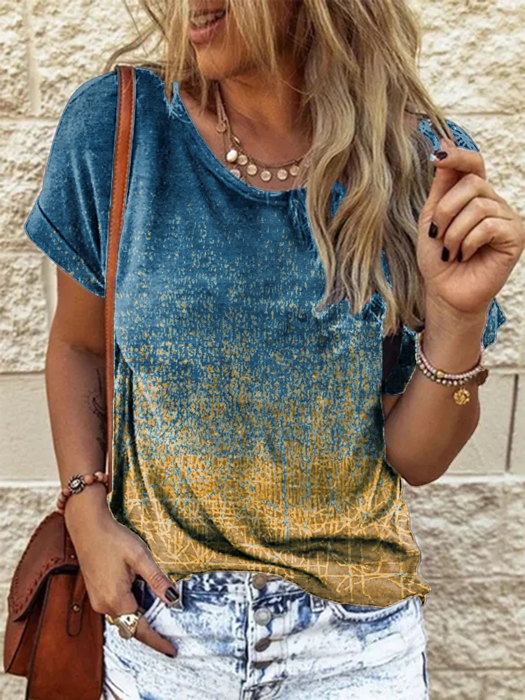 Casual Short Sleeve Shift Ombre/tie-Dye Shirts & Tops