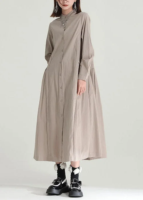 Casual Solid Color Stand Collar Patchwork Linen Long Dress