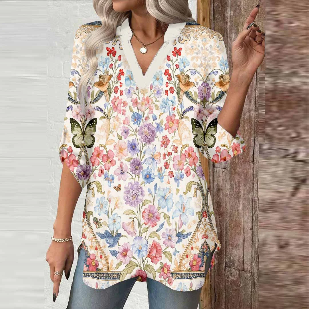 Women Floral,Butterfly,Yellow,Red DZGA0259 3/4 Sleeve V-neck Printed Graphic Button Tops