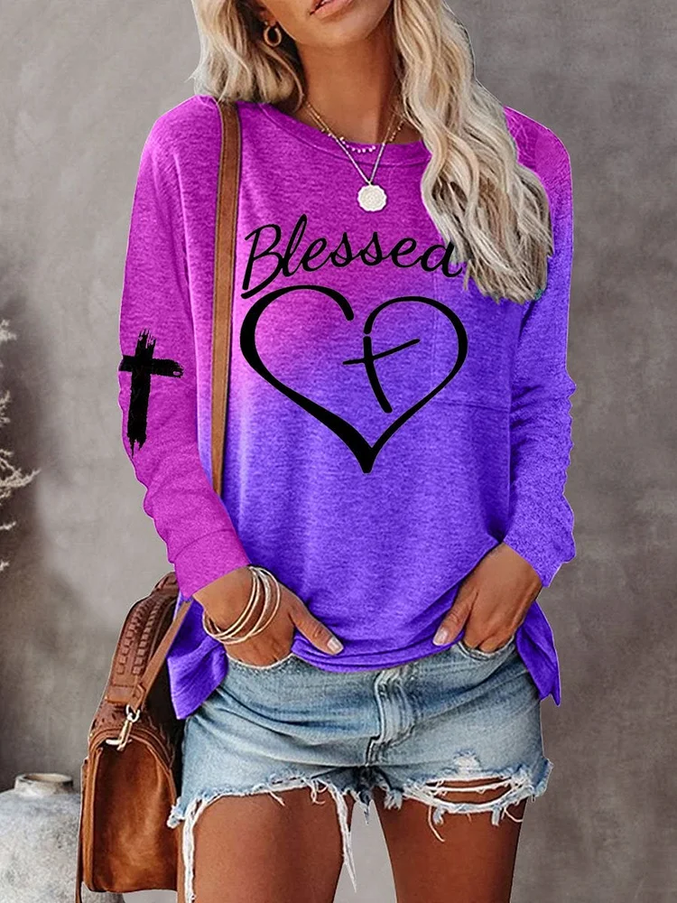Jesus Has My Back, Blessed Cross Heart Gradient Long-sleeved T-shirt socialshop
