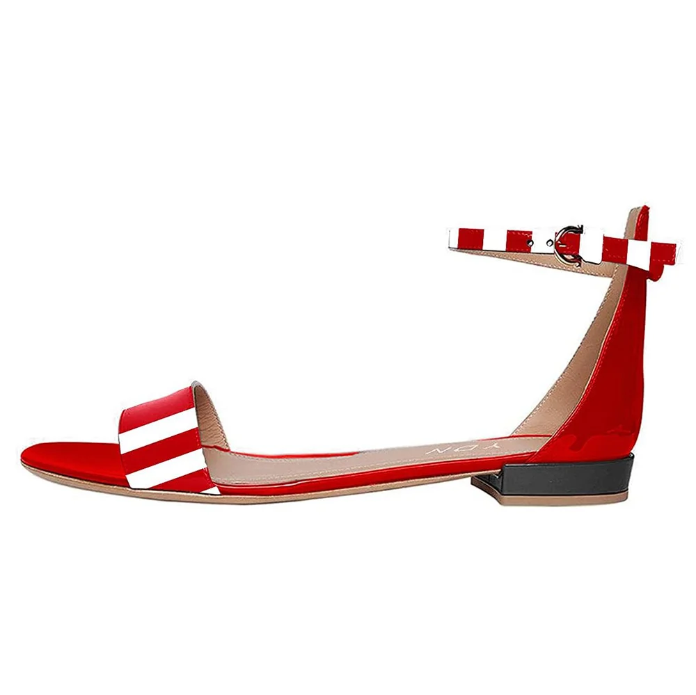 Patent Leather Red & White Stiped Round Toe Ankle St5ap  Flats