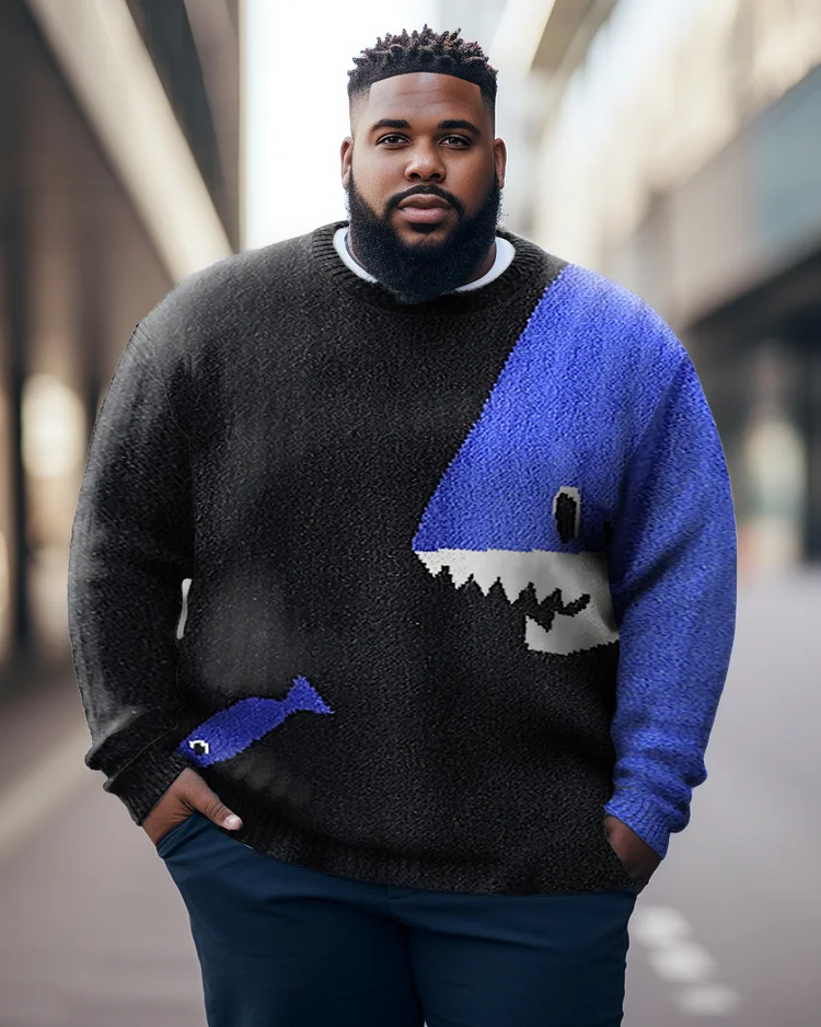 Men's Plus Size Casual Shark Color Block Long Sleeve Warm Crew Neck Sweater