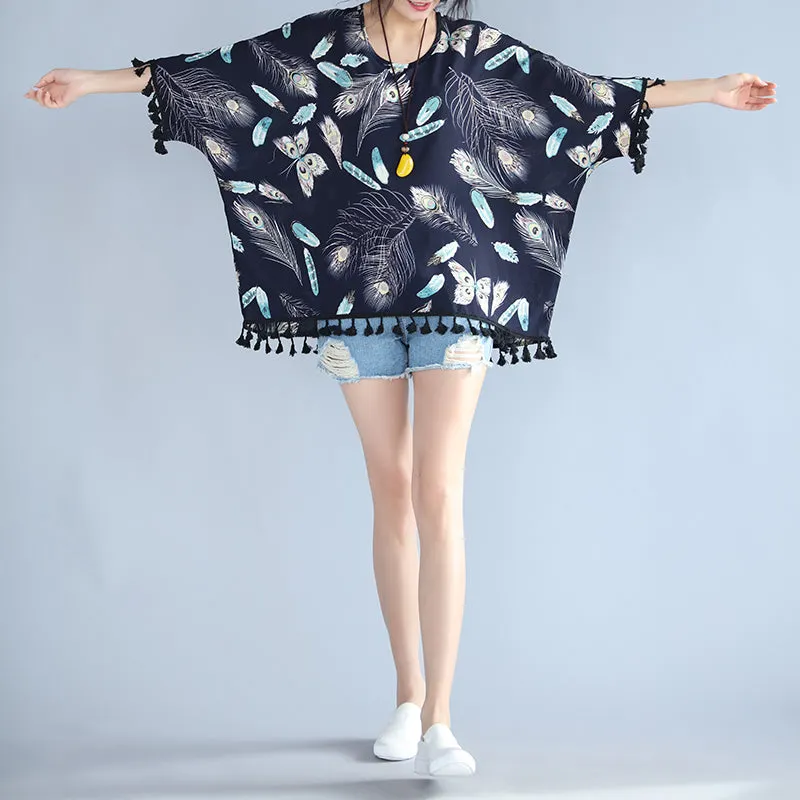 fine navy natural linen t shirt Loose fitting casual cardigans boutique tassel floral linen cotton tops