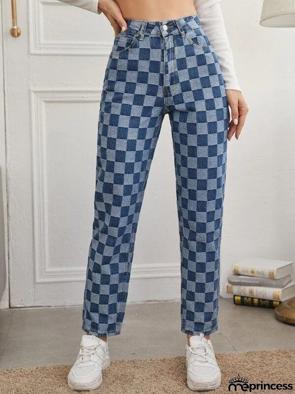 High Waist Checkered Straight Jeans