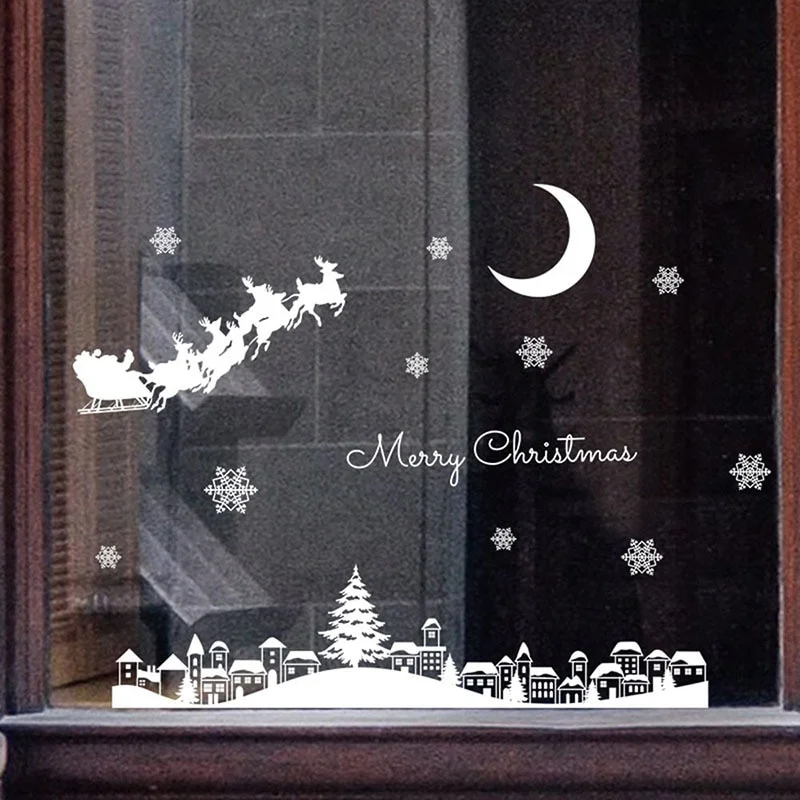Sdrawing Moon Night electrostatic Stickers snowflake Elk Glass Window wall stickers Xmas Decorative Design Decor Home Decals