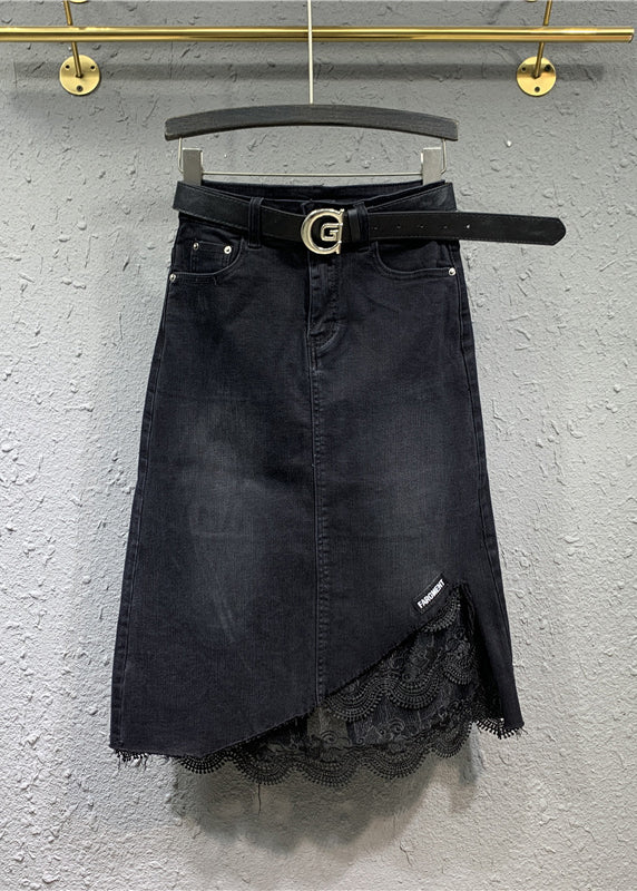 VCSHOES Black Lace Pockets Patchwork Denim Skirt Fall