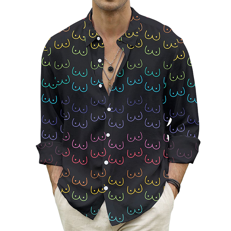 Men's Casual Shirt Fun Sexy Boobs Print Turndown Long Sleeve Print Shirt