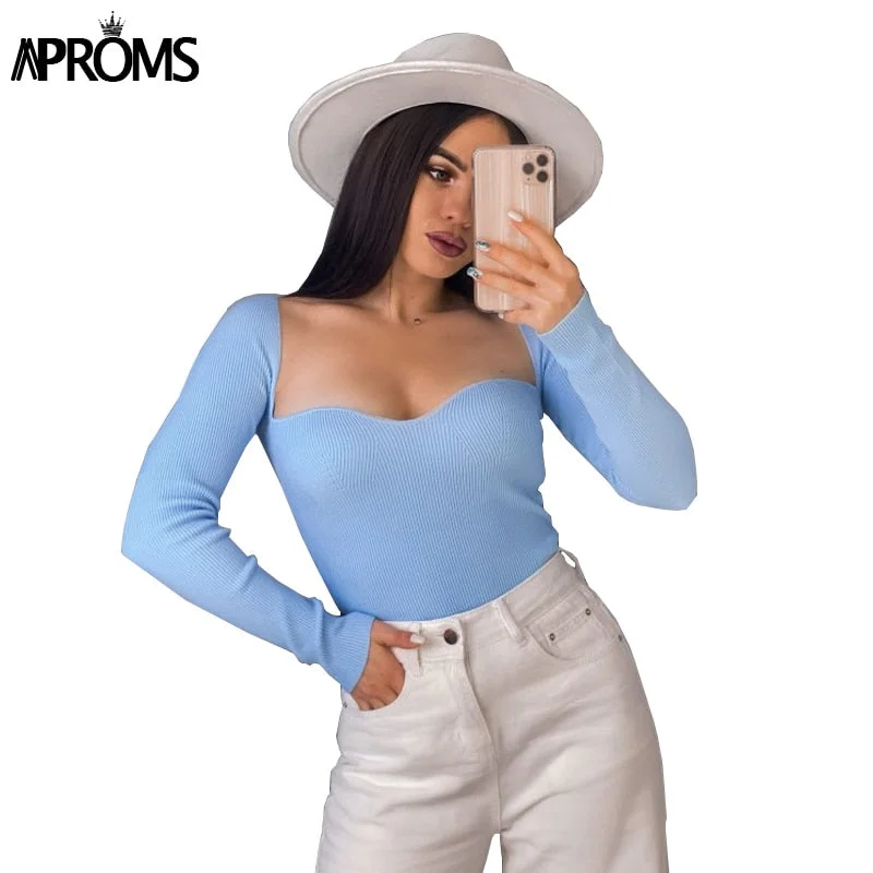 Aproms Sexy Square Neck Ribbed Knitted Sweater Women Casual Long Sleeve High Stretch Pullovers Streetwear White Soft Basic Top