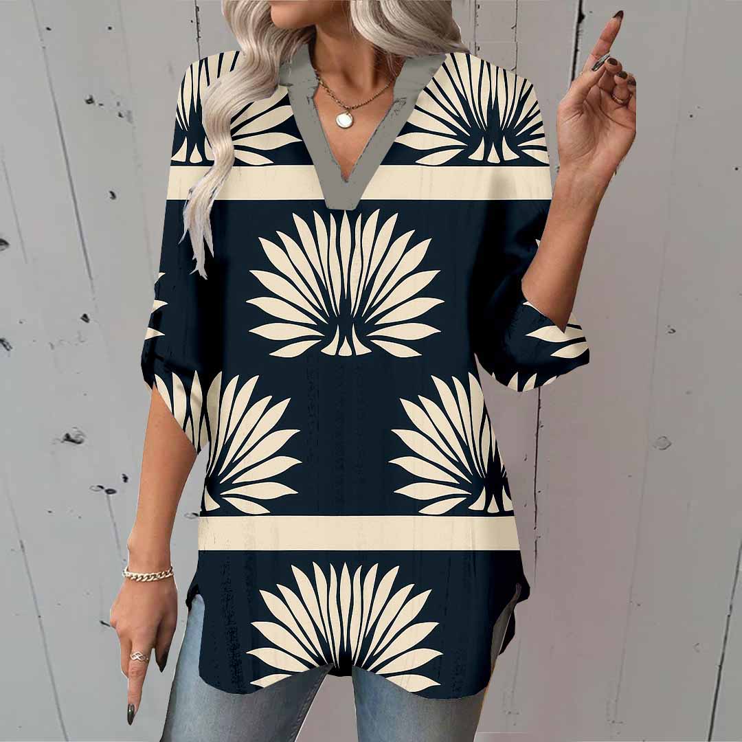 Women Tropical, Black, White DZGA0079 3/4 Sleeve V-neck Printed Graphic Button Tops