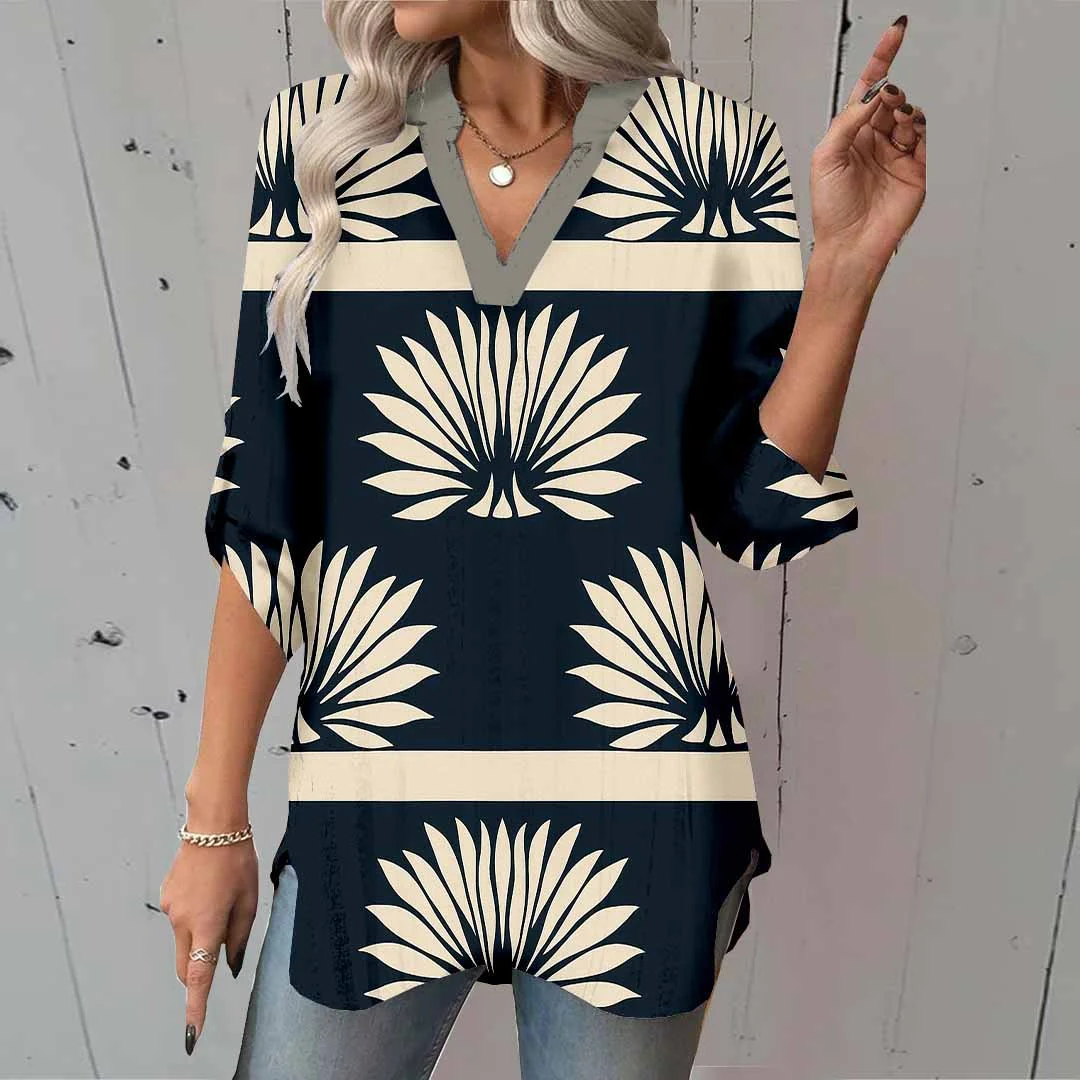 Women Tropical, Black, White DZGA0079 3/4 Sleeve V-neck Printed Graphic Button Tops