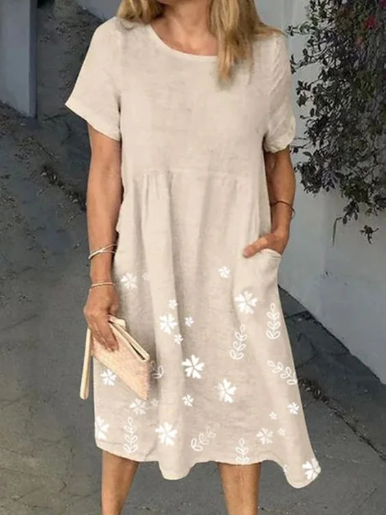 Printed Cotton Blended Round Neck Dress