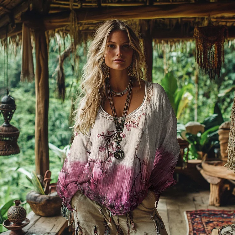 Women's Vintage Cherry Blossoms Gradient Art Long Sleeve T-shirt