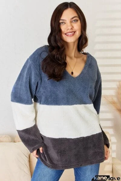 Culture Code Faux Fur Color Block V-Neck Sweater