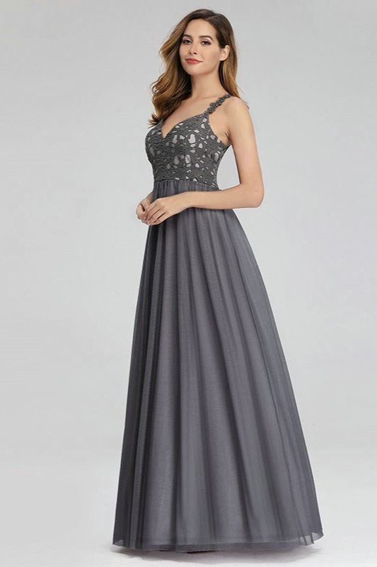 Elegant Grey Lace Tulle Long Evening Prom Dress - lulusllly