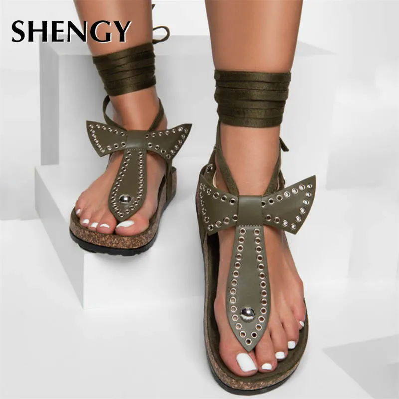 2020 Women Summer Rivet Sandals Flats Shoes Woman Bohemia Beads Flowers Cross Lace Deco Sandalias Mujer Sapato Feminino D604