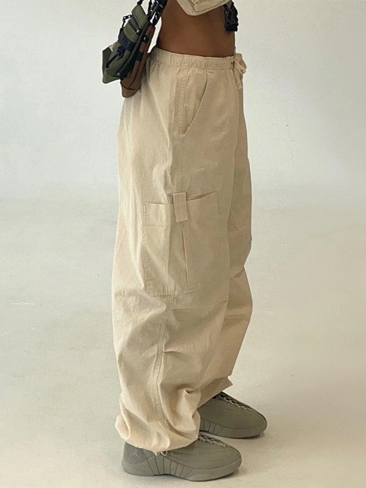 Jacqueline Y2K Wide Leg Cargo Pants Women Drawstring Baggy Low Waist Fashion Hippie Trousers Pocket Casual Street Vintage Brown