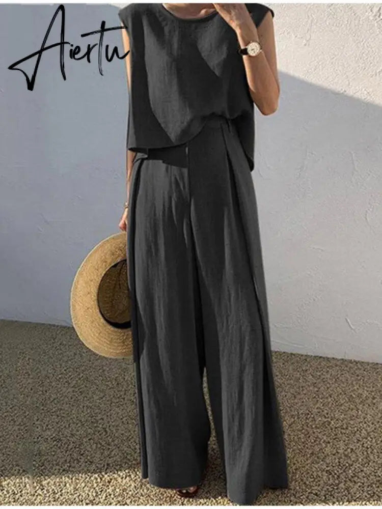 Cotton Sleeveless Tank Top Wide Leg Pants Set O-Neck Casual Oversize Tops Two Piece Sets  Women Fashion Shopping Outifits Aiertu