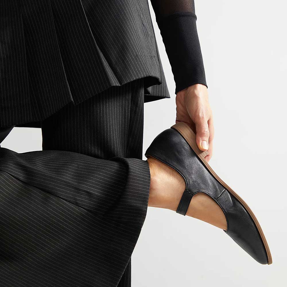 Black Vegan Leather Pointed Toe Button Strap Mary Jane Flats Nicepairs