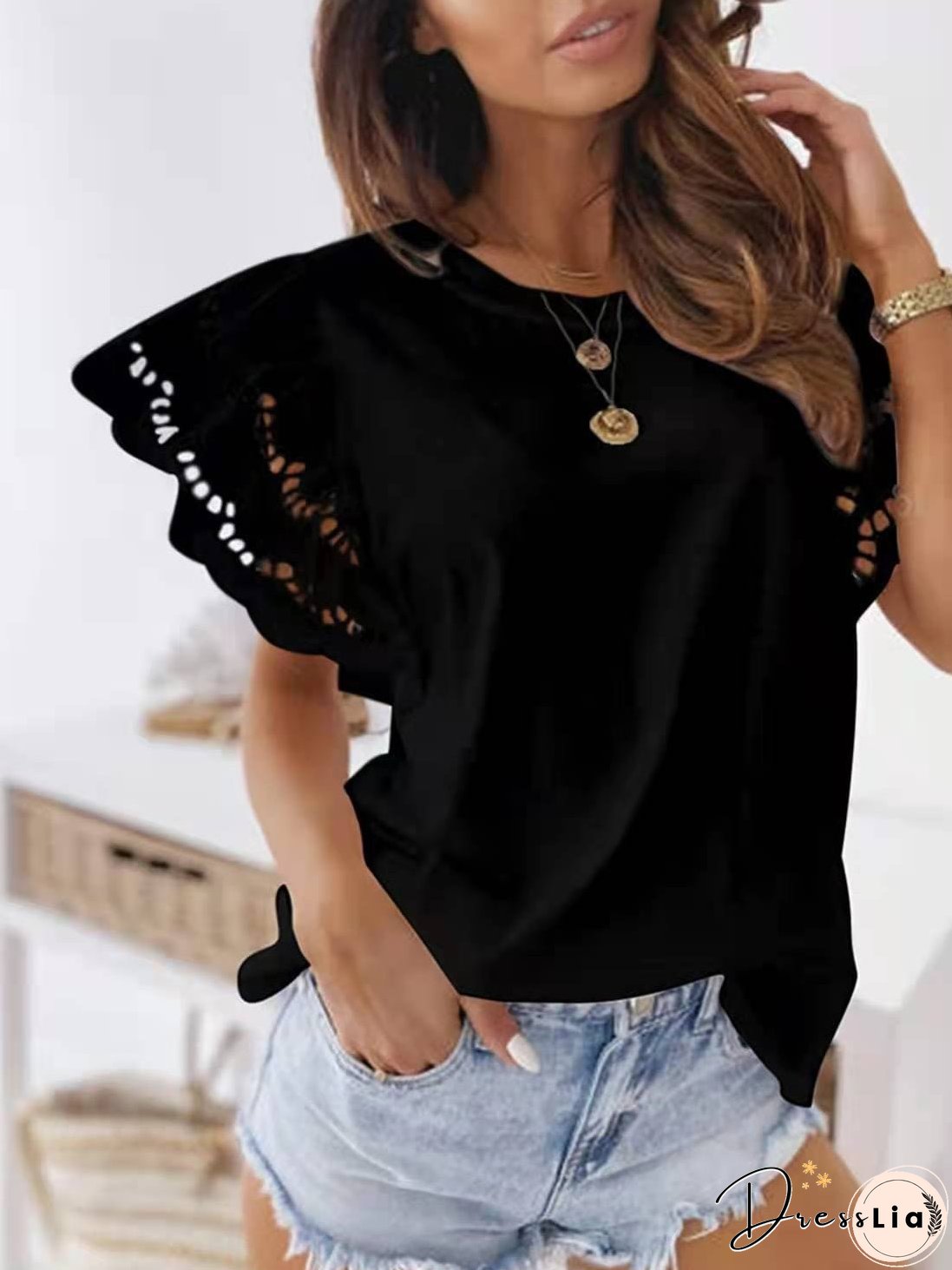 Women's T-Shirts Solid Crew Neck Lace Flare Sleeve T-Shirt