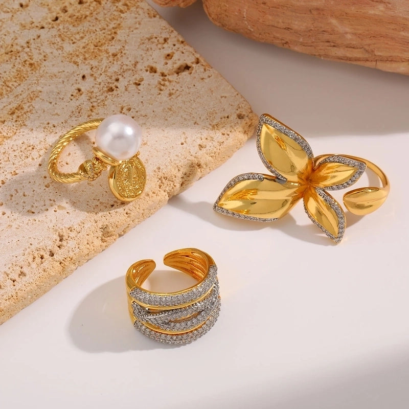 Retro Luxurious Butterfly Copper Imitation Pearl Zircon 18K Gold Plated Plating Inlay Open Rings