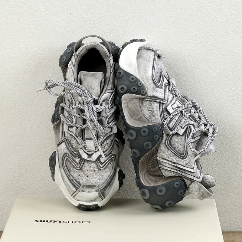 Breakj 2022 Fall Retro Rub Colored Authentic Leather Clunky Sneakers Female Niche Distressed Octopus Sports Leisure Dirty Shoes