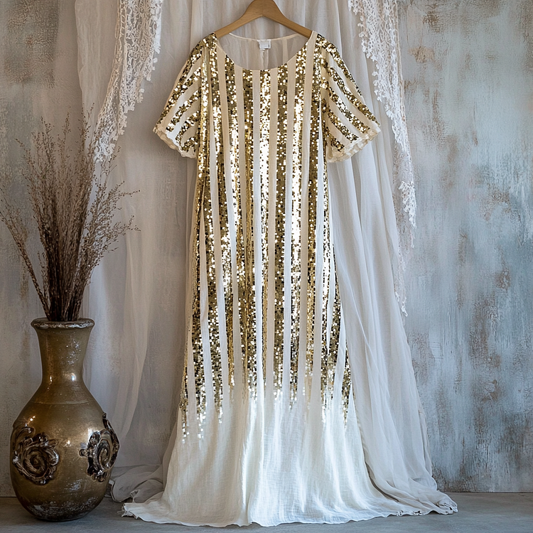 Women's Gold Sequin Striped Casual Linen Dress