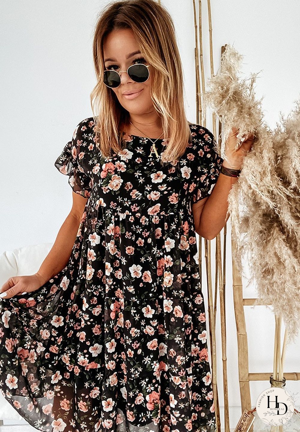 Short Sleeve Round Neck Fashion Sexy Printed Flounce Dress