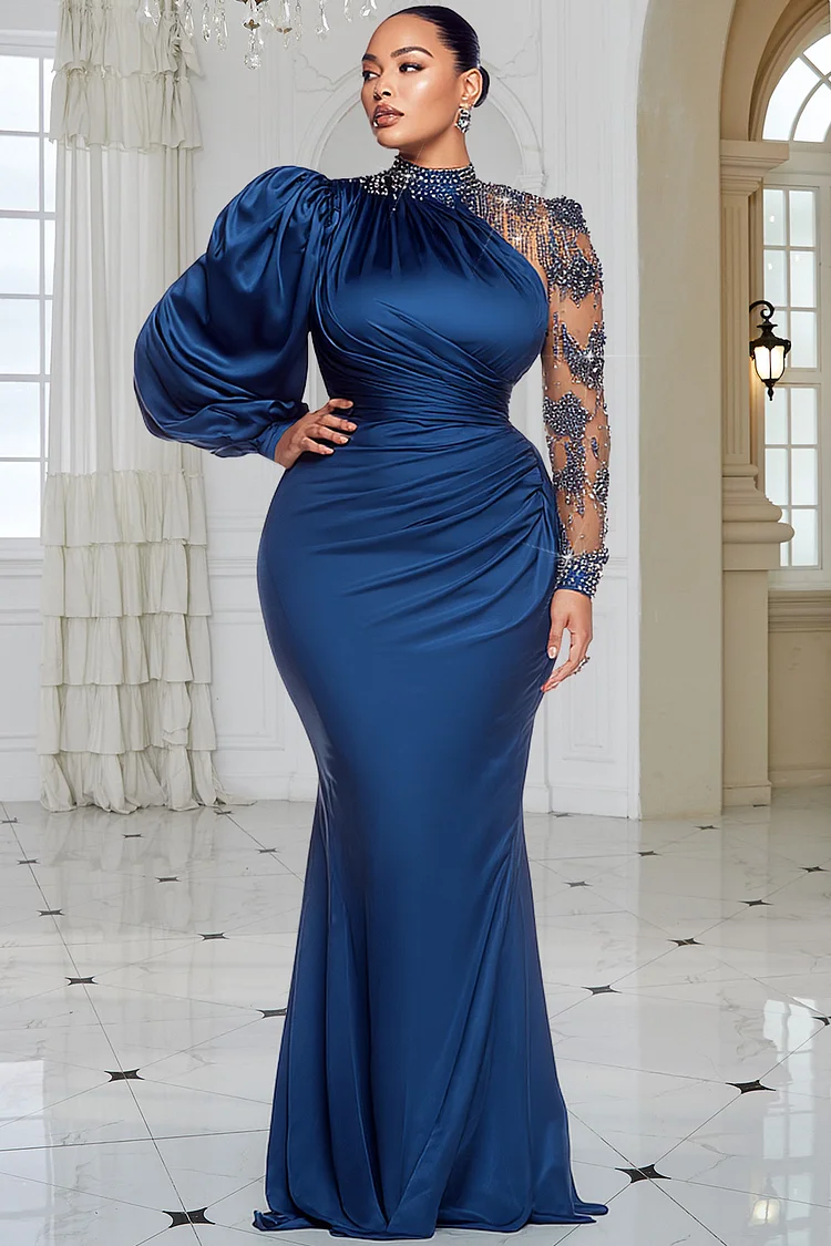 Xpluswear Design Plus Size Formal Blue Mock Neck Lantern Sleeve Long Sleeve Drilling Elegant See Through Tulle Satin Maxi Dresses [Pre-Order]