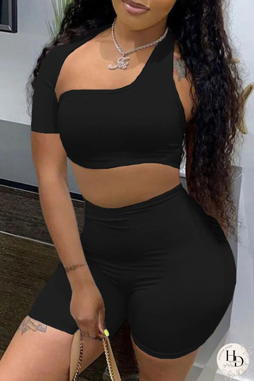 Blue Sexy Solid Hollowed Out Asymmetrical Collar Short Sleeve Two Pieces