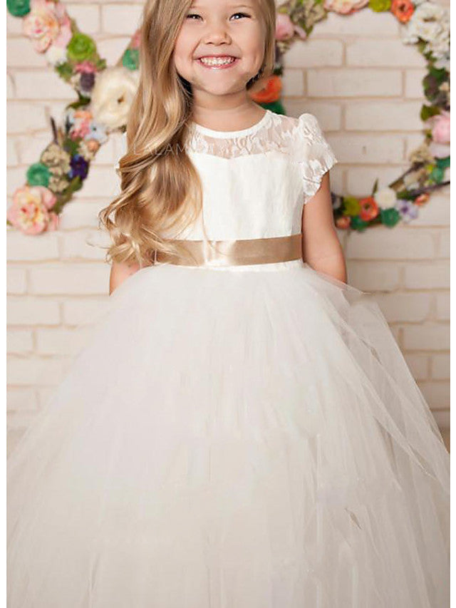 Oknass A-Line Cap Sleeve Jewel Neck Floor Length Flower Girl Dress Lace Satin Tulle With Lace