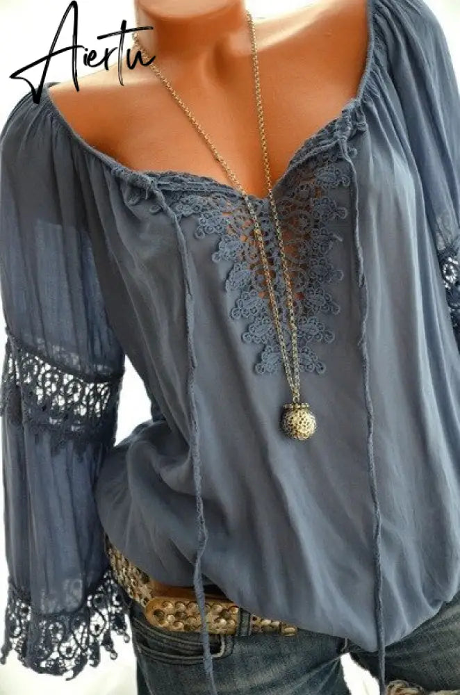 Aiertu High quality large size cotton and linen women's blouse spring new tops V-neck lace long sleeve women's shirt Aiertu