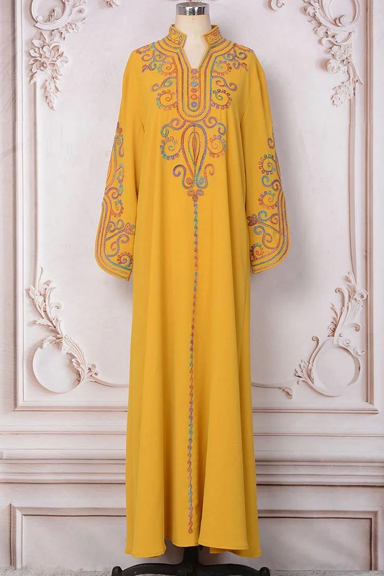 Multicolor Embroidery Stand Collar Loose-Fit Kaftan Maxi Dresses