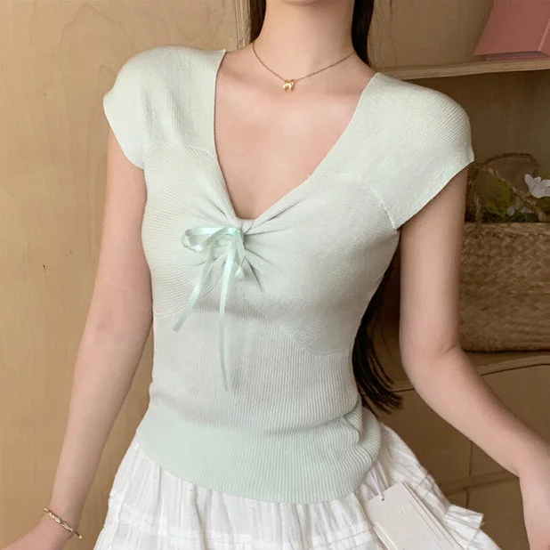 V-Neck Tie Bow Sleeveless Top Vest Knitted Sweater