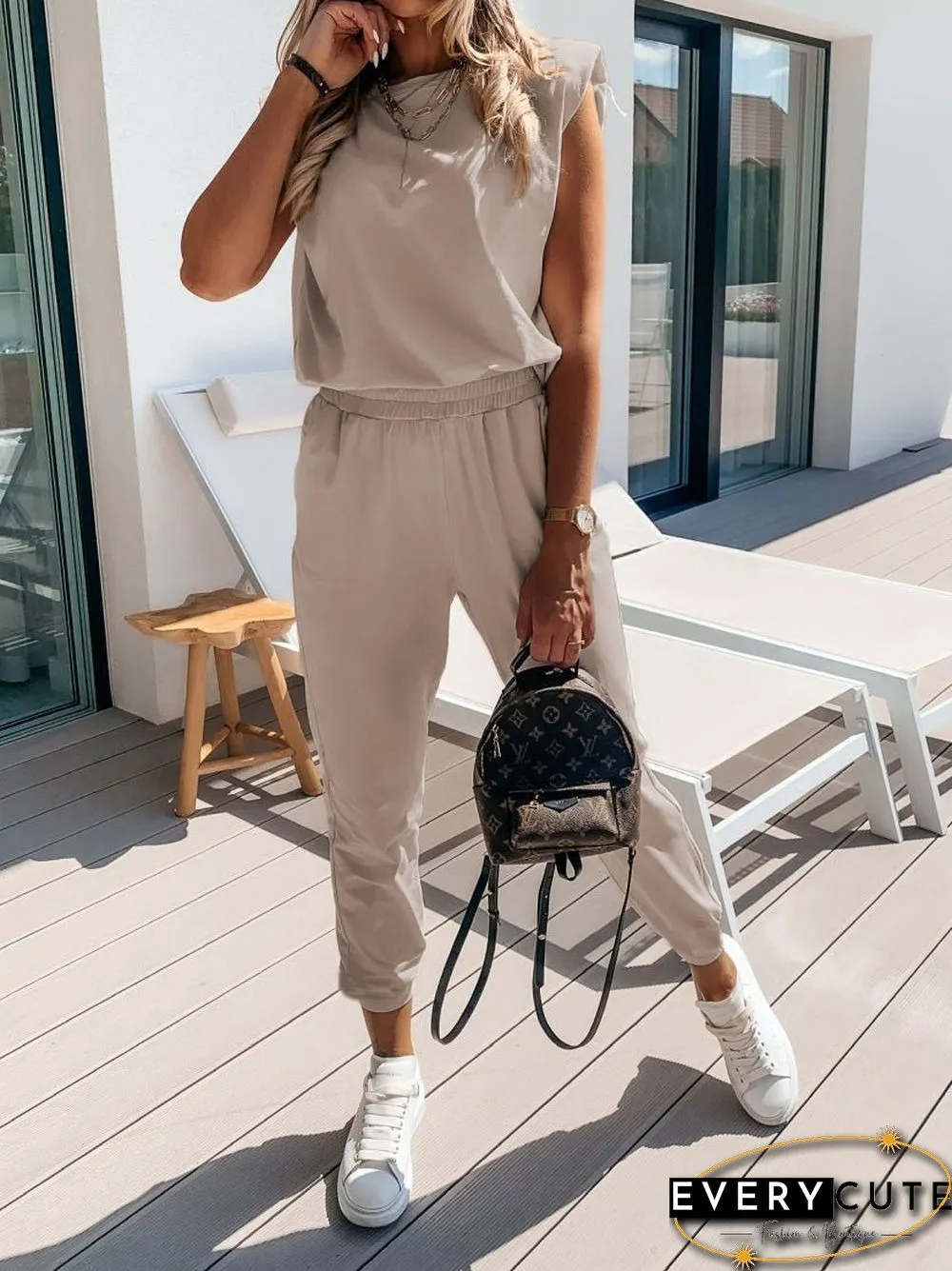 Women'S Sets Solid Sleeveless Padded Tank Top & Pants Two Piece Set