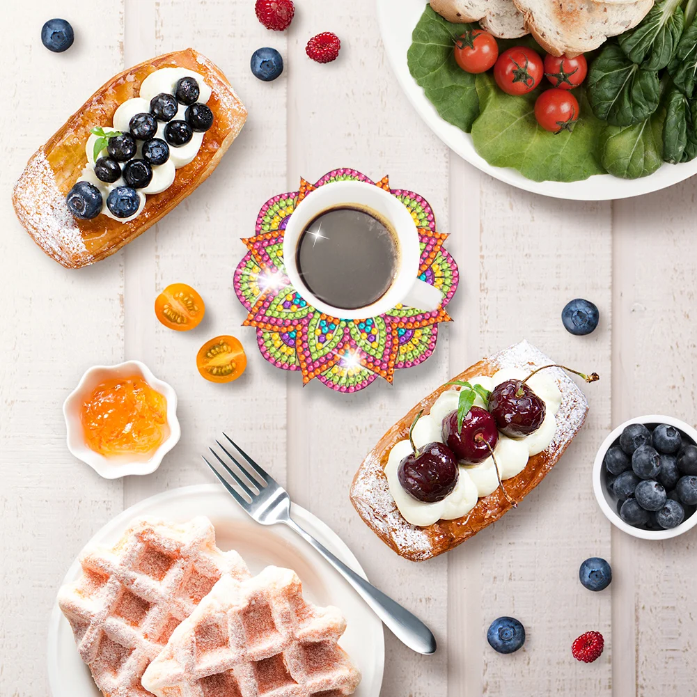 6pcs Datura DIY Diamonds Painting Coaster Woodiness with Rack Cup Pad Decor