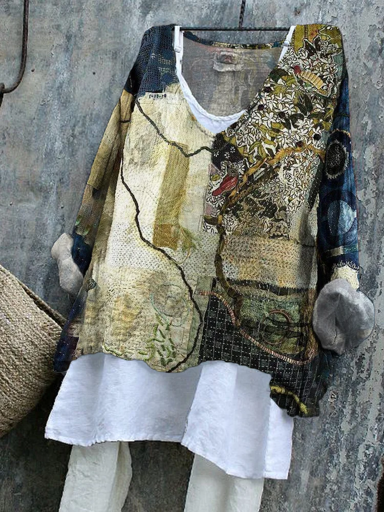 Vintage Japanese Thread Stitching Pattern Women's Linen Shirt