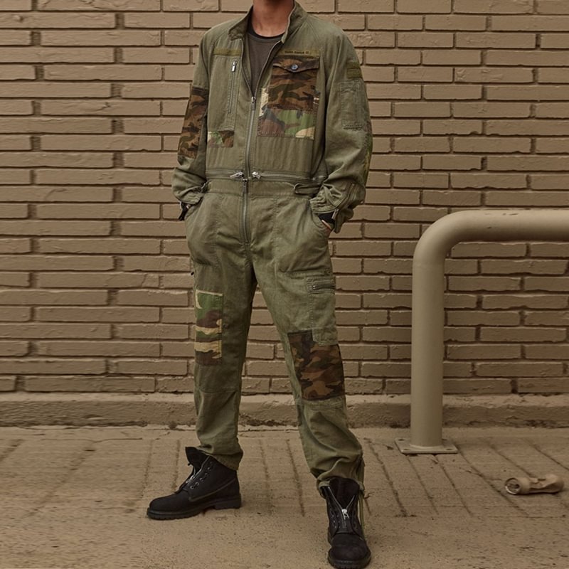Retro Stitching Camouflage Army Green Long-Sleeve Straight Jumpsuit
