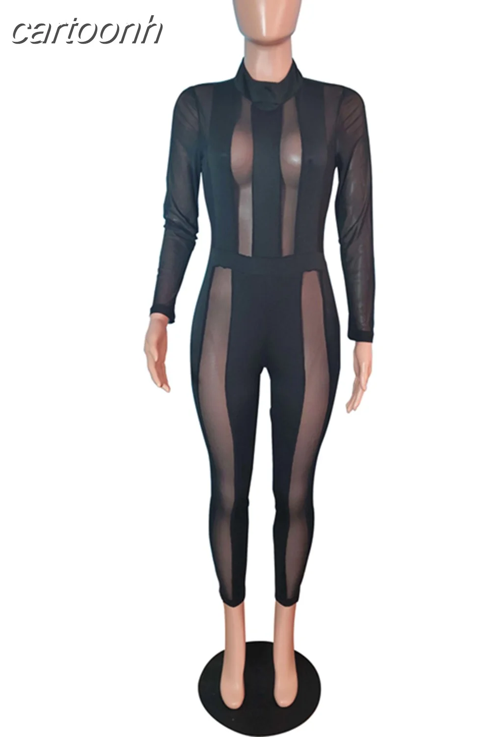 cartoonh Fall Sexy Solid Mesh Patchwork Sheer Bodycon Jumpsuit Club Outfit For Women 2023 Long Sleeve O Neck One Pieces Jumpsuit